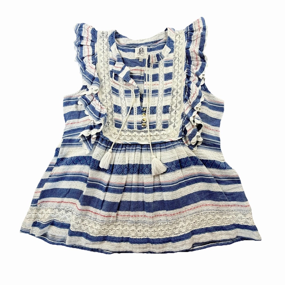 DRA Los Angeles Boho Ruffle Lace Striped Tassel Tank Top Blue‎ White M